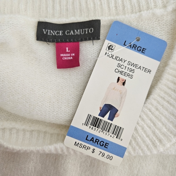 Vince Camuto Holiday Sweater Ivory Beaded Cheers Long Sleeve Knit Pullover Large - Picture 5 of 7